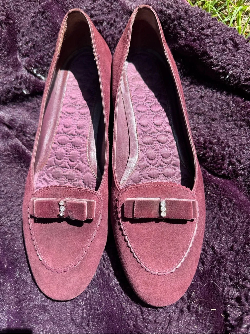 Coach Plum Suede Bow Loafers with Crystal Detail